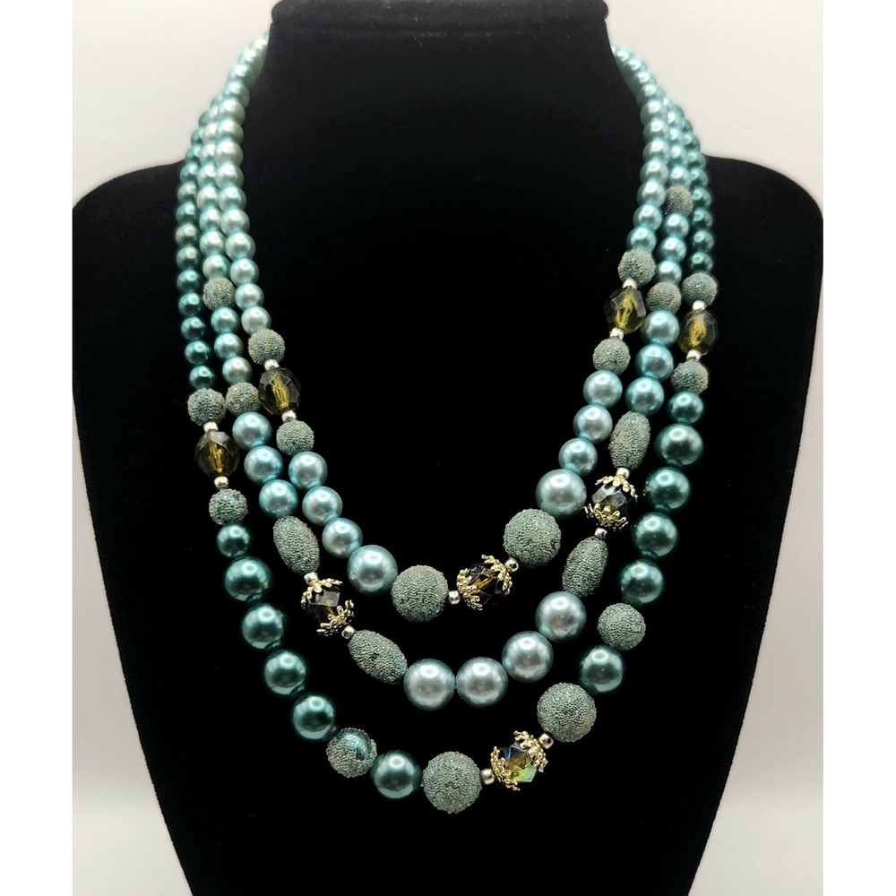 Vintage Faux Pearl Necklace Blue Teal Chunky Statement Signed Japan